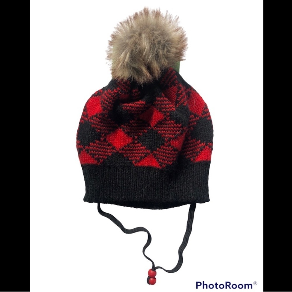 NWT holiday check winter beanie Pom Pom dog hat L/XL